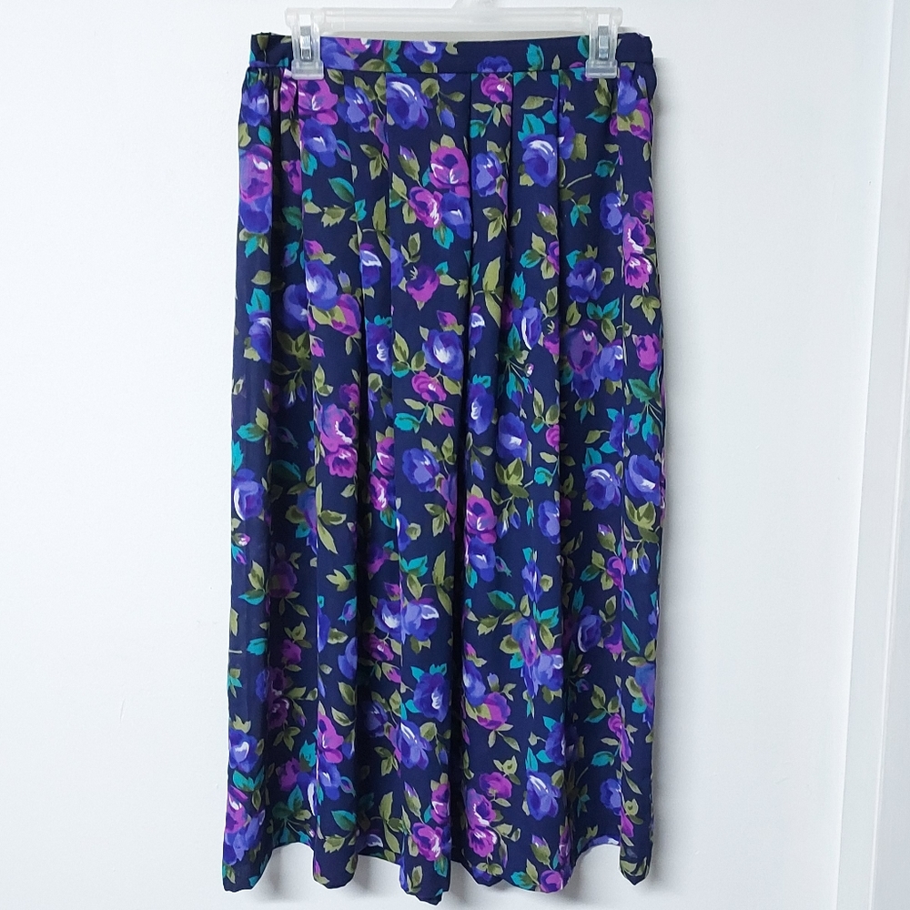 🔮 Vintage Leslie Fay purple blue floral skirt women's XS junior's S